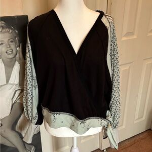 Free People Auxton Womens Medium Black Mint Green Thermal Top Wrap Side Tie